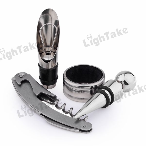 4 in 1 Corkscrew Wine Bottle Opener + Wine Stopper + Wine Ring + Wine Pourer Set with PU Leather Box 4 in 1 Corkscrew Wine Bottle Opener + Wine Stopper + Wine Ring + Wine Pourer Set with PU Leather Box