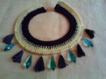 Yellow-blue choker with rhinestones, large crystals and tassels