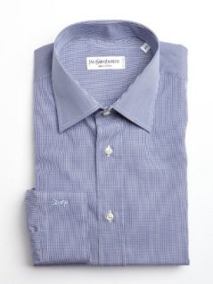 Yves Saint Laurent navy and white mini check cotton point collar dress shirt